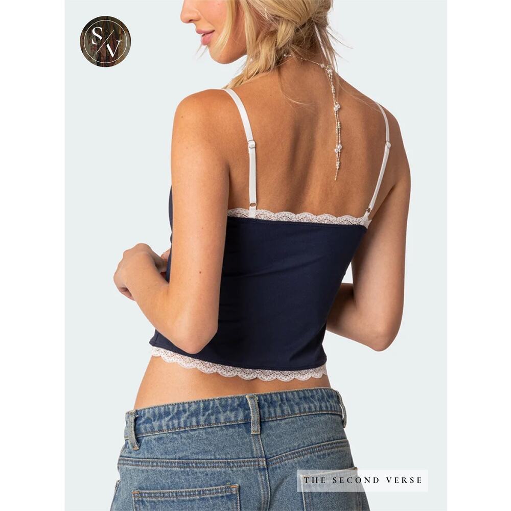NWT Edikted Alara Lace Trim Tank Spaghetti Strap Y2K Navy White Medium - Picture 2 of 10